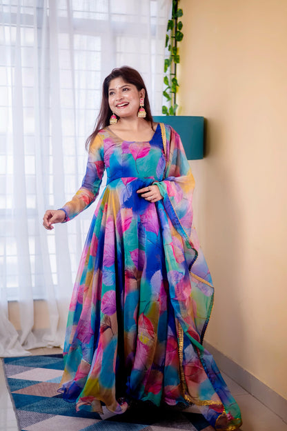 Heavy Flair Digital Print Organza Taby Silk Gown Set