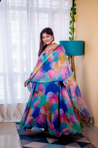 Heavy Flair Digital Print Organza Taby Silk Gown Set