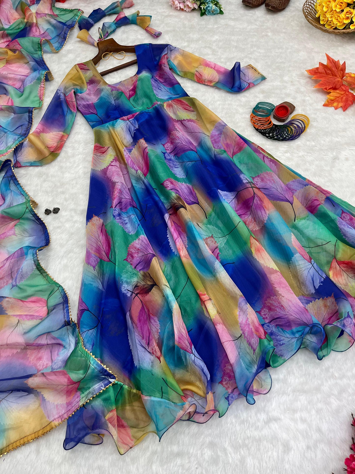 Heavy Flair Digital Print Organza Taby Silk Gown Set