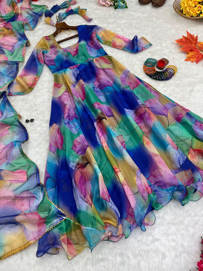 Heavy Flair Digital Print Organza Taby Silk Gown Set