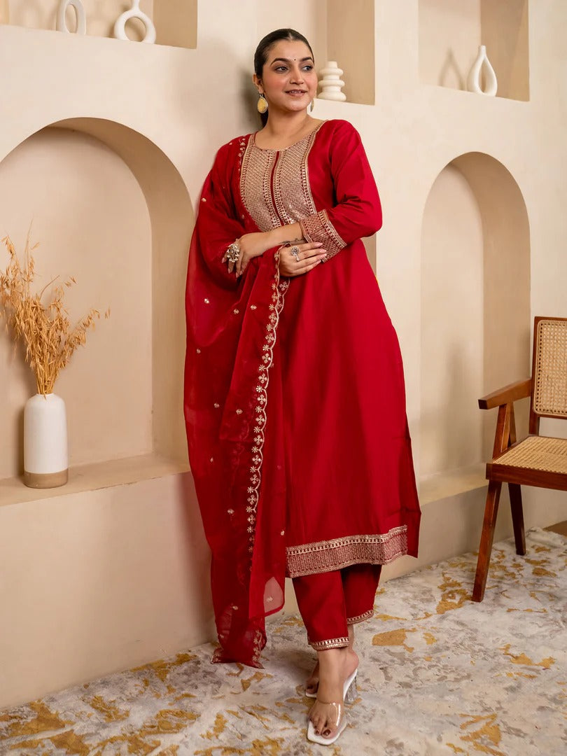 Embroidered Silk Blend Red  Kurti With Dupatta