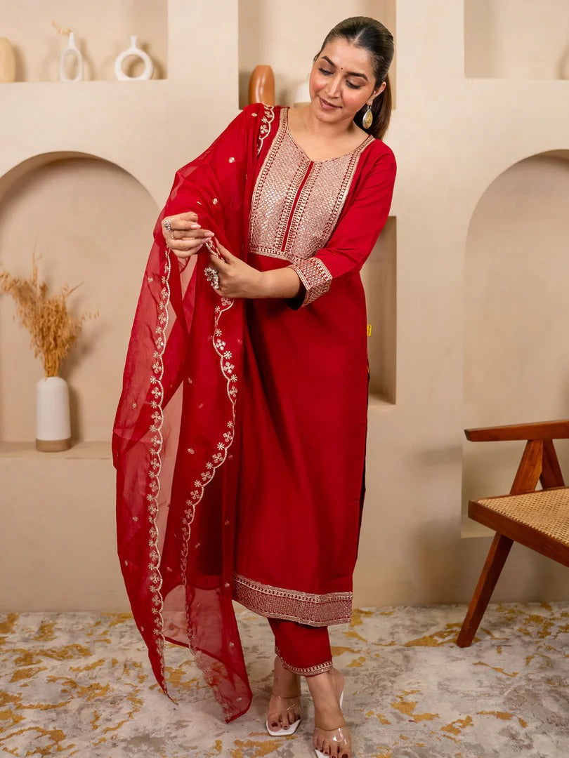Embroidered Silk Blend Red  Kurti With Dupatta