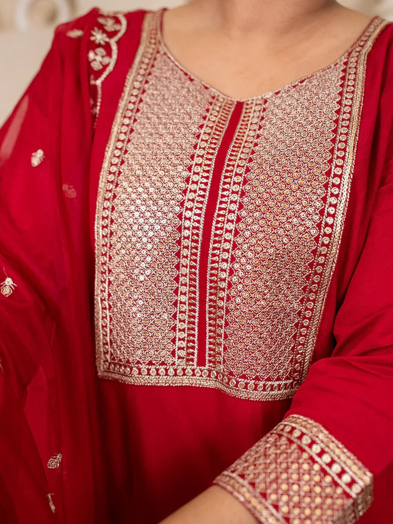 Embroidered Silk Blend Red  Kurti With Dupatta
