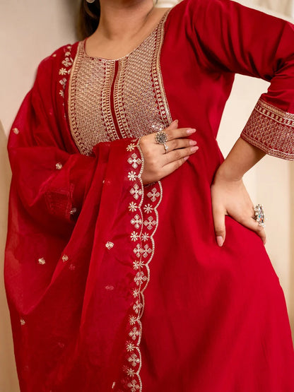 Embroidered Silk Blend Red  Kurti With Dupatta