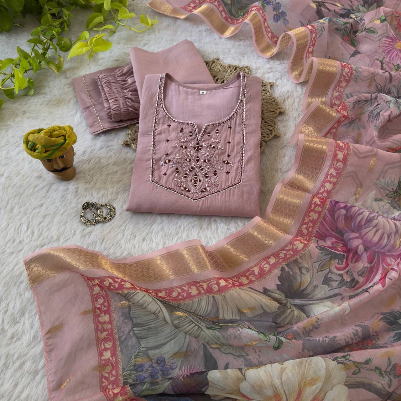 Premium Roman Silk Soft Fabric With Handwork Fancy Kurti