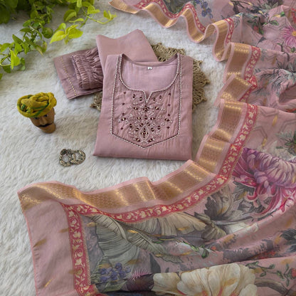 Premium Roman Silk Soft Fabric With Handwork Fancy Kurti