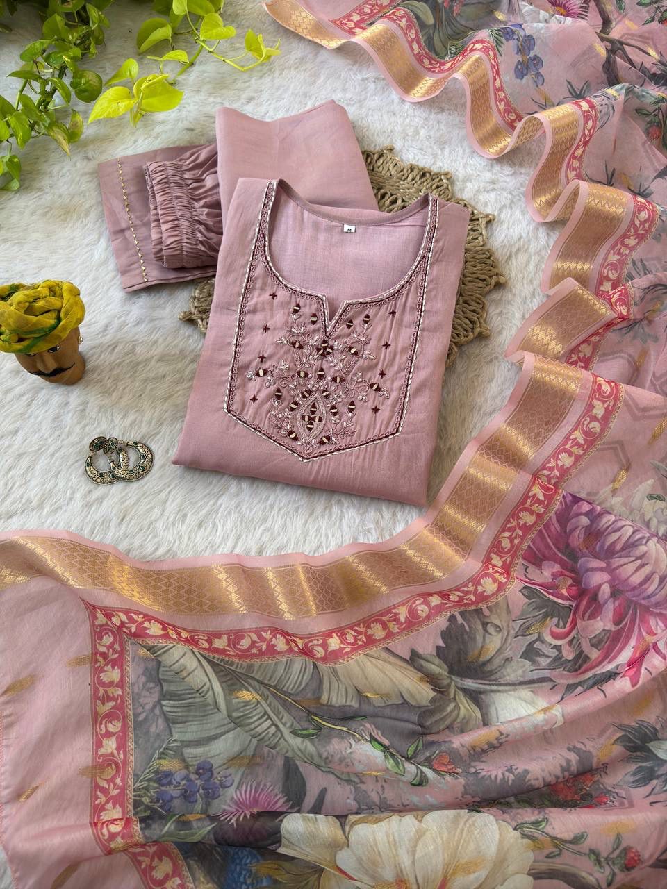 Premium Roman Silk Soft Fabric With Handwork Fancy Kurti