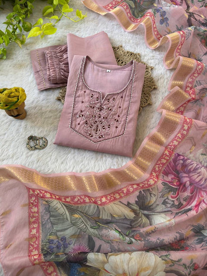 Premium Roman Silk Soft Fabric With Handwork Fancy Kurti