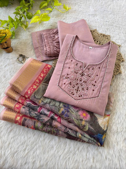 Premium Roman Silk Soft Fabric With Handwork Fancy Kurti