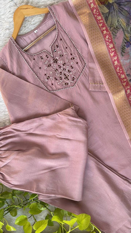 Premium Roman Silk Soft Fabric With Handwork Fancy Kurti