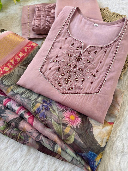 Premium Roman Silk Soft Fabric With Handwork Fancy Kurti