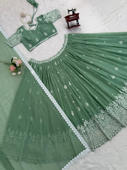 Mehendi Green color Sequence Embroidery work Designer Lehenga Choli