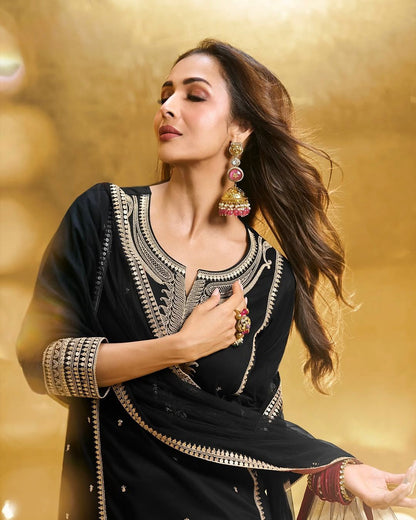 Malaika Arora Paisley Embroidered & Zari Work Designer Suit