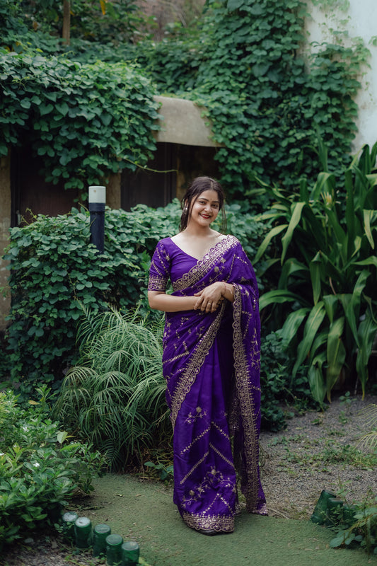 Beautiful Purple Organza Saree with Sequence Embroidery