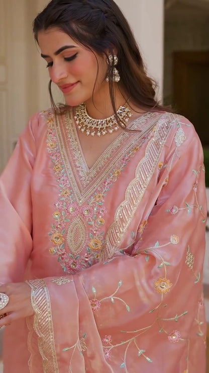 Peach Heavy Sequence Embroidered Work Premium Jimmy Choo Silk Kurta Suit
