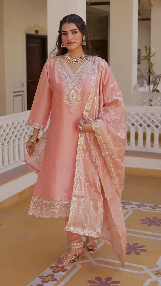 Peach Heavy Sequence Embroidered Work Premium Jimmy Choo Silk Kurta Suit