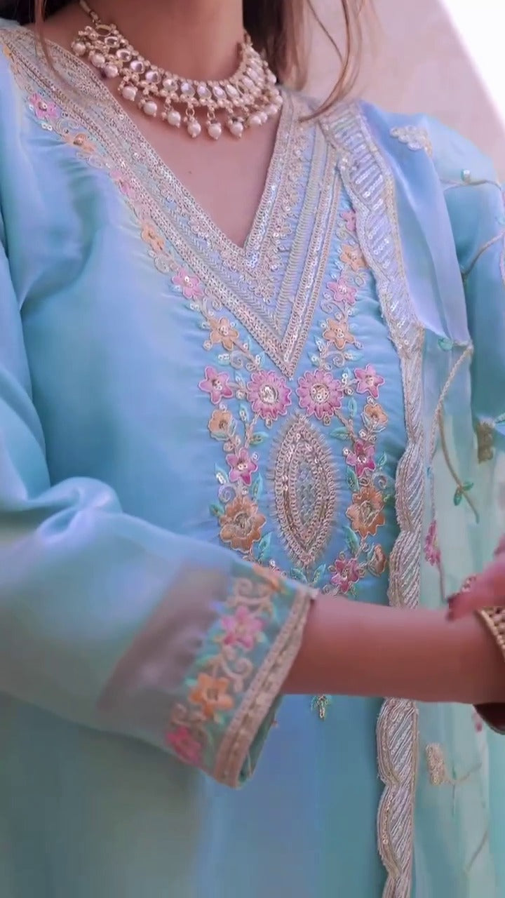 Sky Blue Silk Heavy Embroidery Sequence Work Top-Bottom Straight Suit