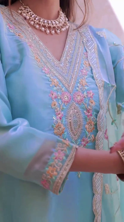 Sky Blue Silk Heavy Embroidery Sequence Work Top-Bottom Straight Suit