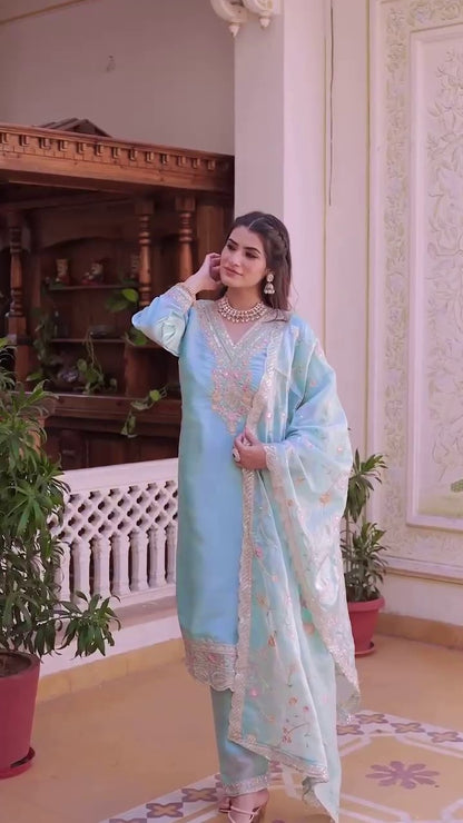 Sky Blue Silk Heavy Embroidery Sequence Work Top-Bottom Straight Suit
