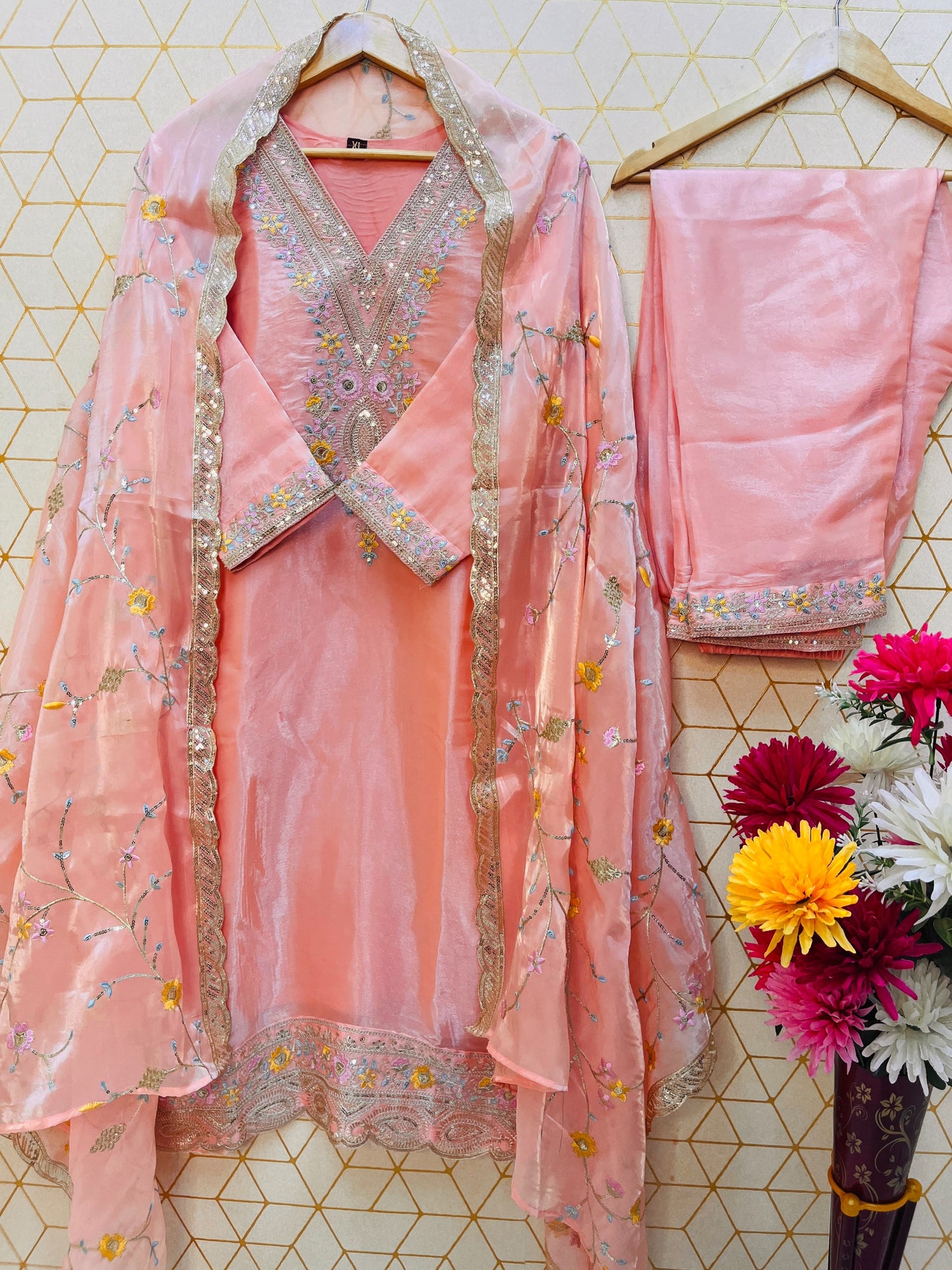 Peach Heavy Sequence Embroidered Work Premium Jimmy Choo Silk Kurta Suit