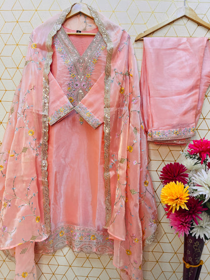 Peach Heavy Sequence Embroidered Work Premium Jimmy Choo Silk Kurta Suit