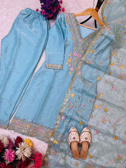 Sky Blue Silk Heavy Embroidery Sequence Work Top-Bottom Straight Suit