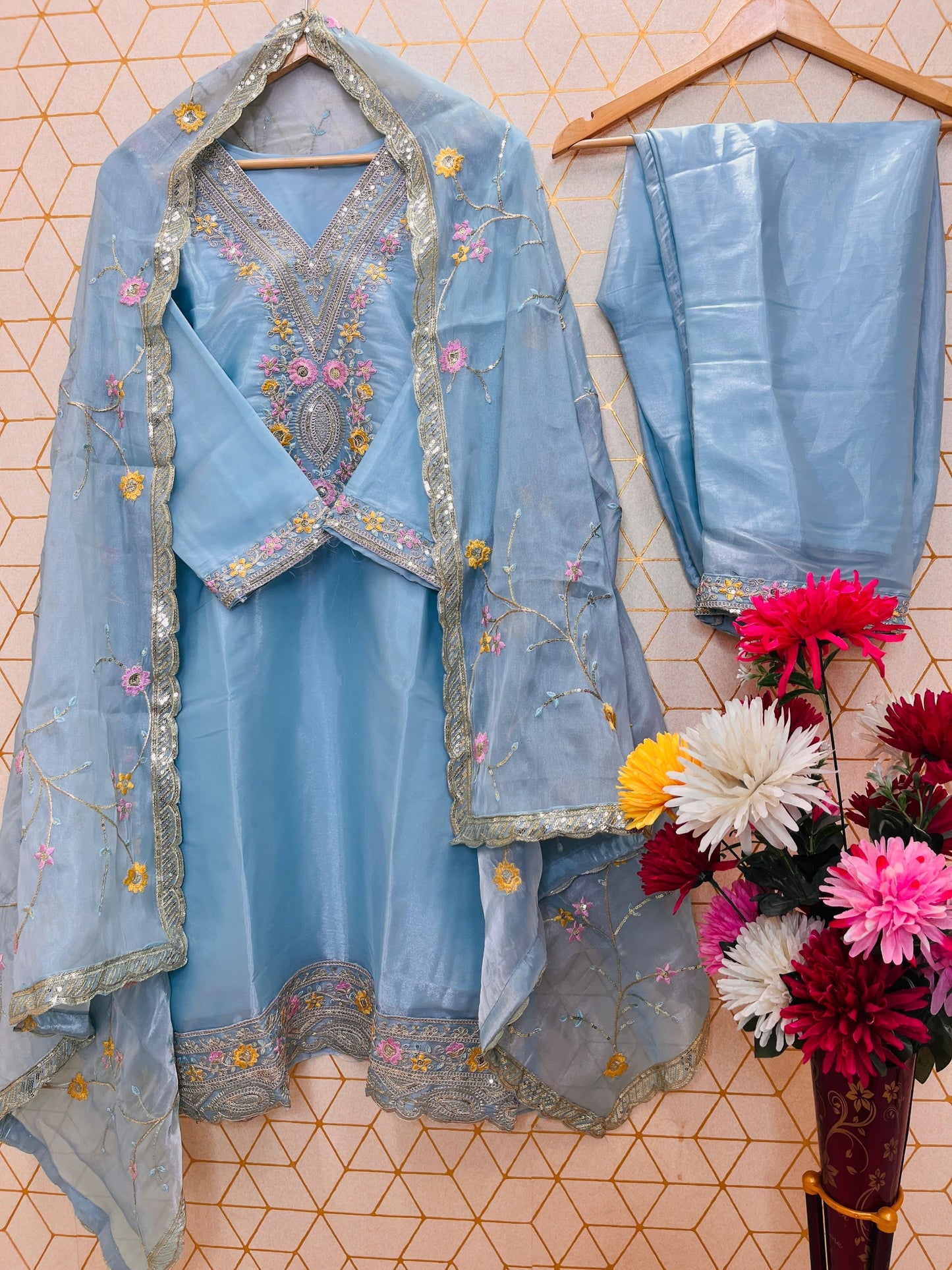 Sky Blue Silk Heavy Embroidery Sequence Work Top-Bottom Straight Suit