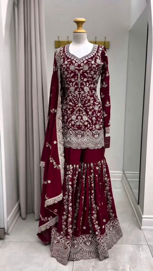 Designer Embroidered Sharara Suit in Maroon