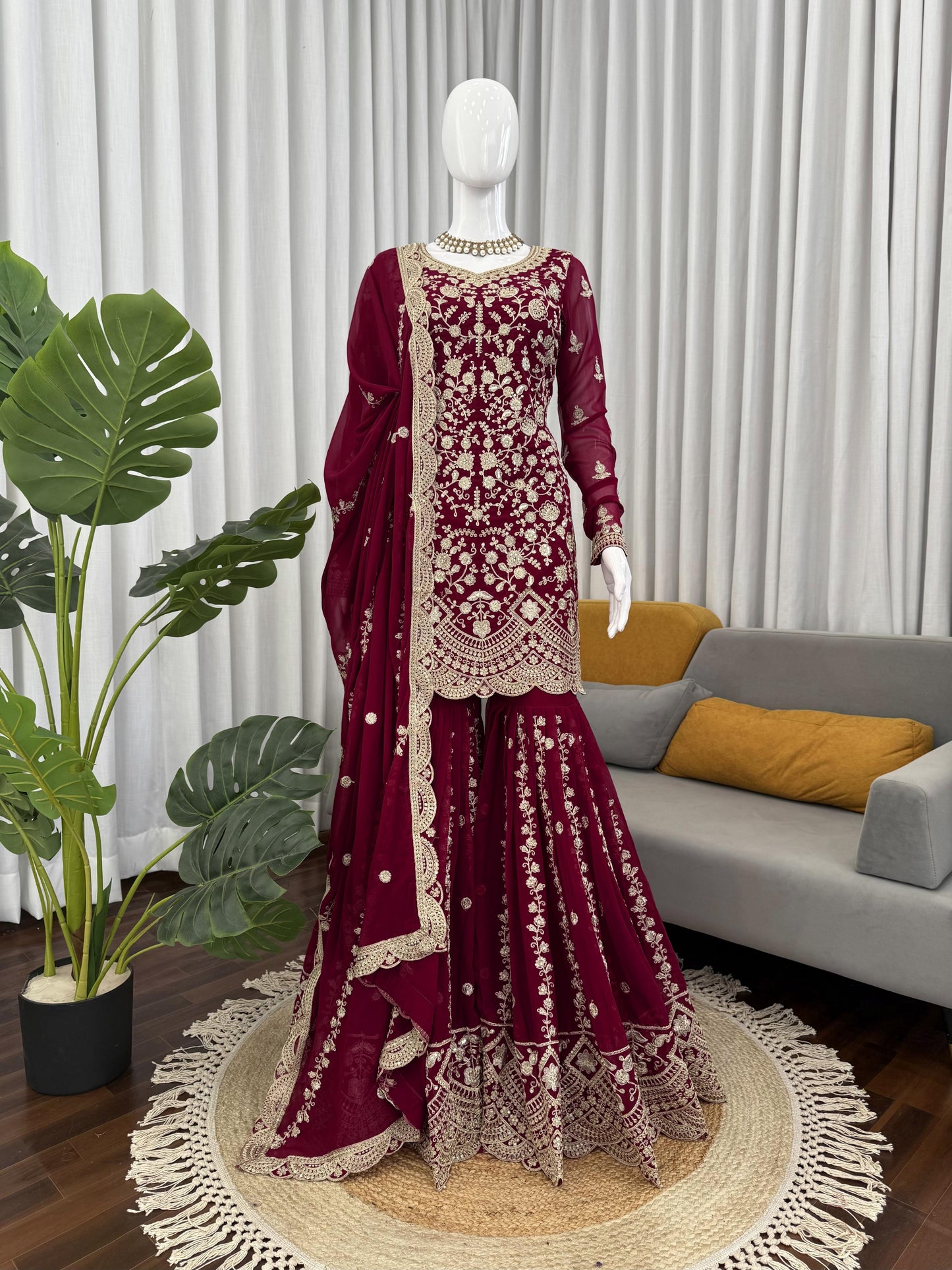 Designer Embroidered Sharara Suit in Maroon