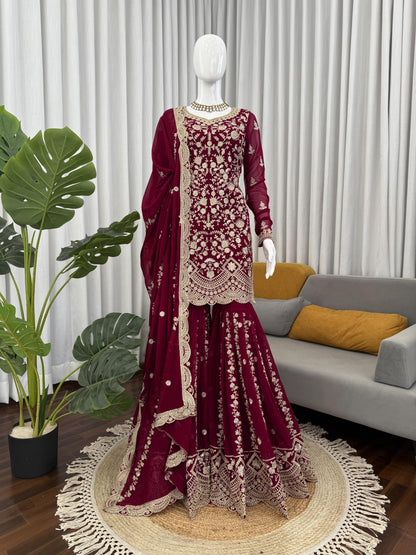 Designer Embroidered Sharara Suit in Maroon