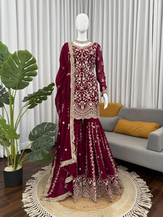 Designer Embroidered Sharara Suit in Maroon