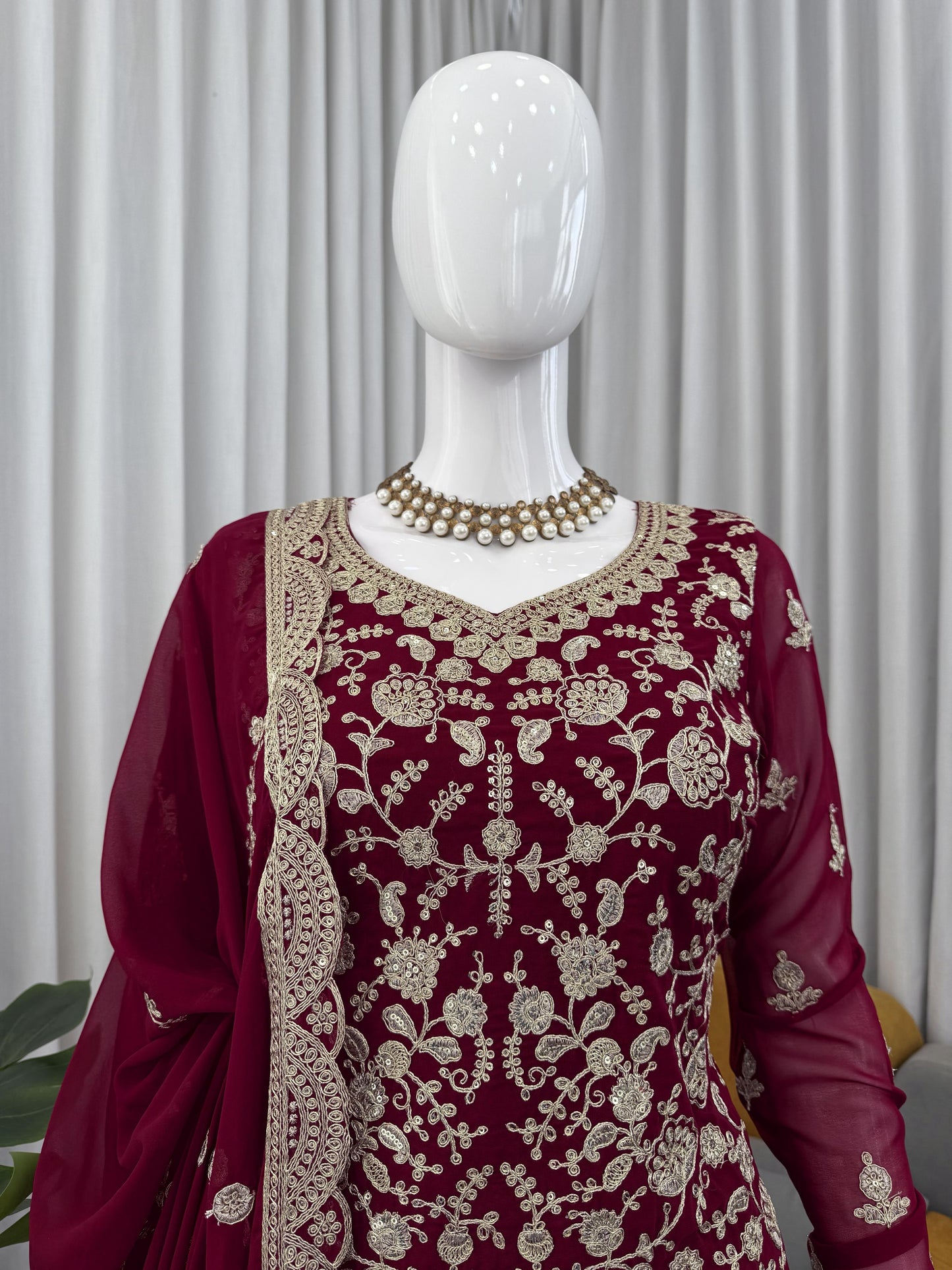 Designer Embroidered Sharara Suit in Maroon
