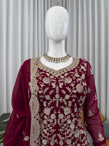 Designer Embroidered Sharara Suit in Maroon