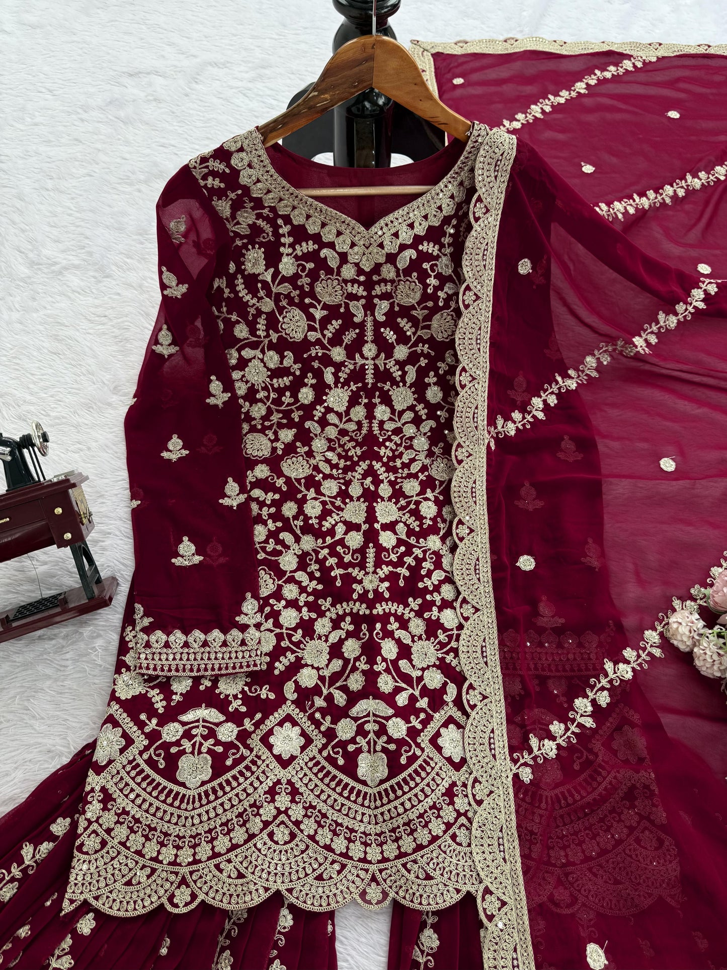 Designer Embroidered Sharara Suit in Maroon