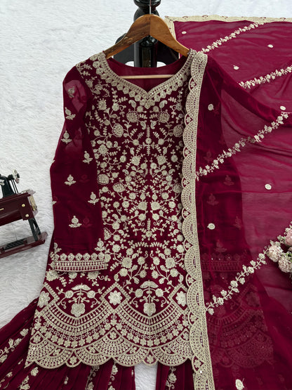 Designer Embroidered Sharara Suit in Maroon