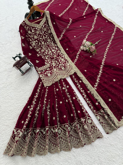 Designer Embroidered Sharara Suit in Maroon