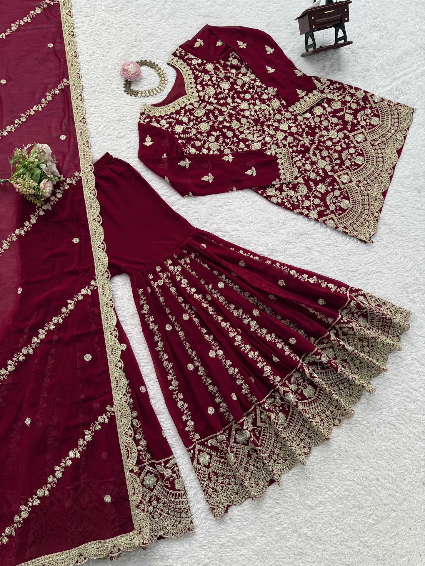 Designer Embroidered Sharara Suit in Maroon