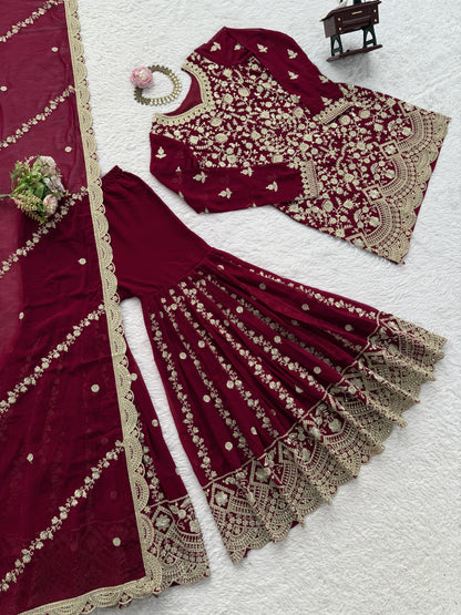 Designer Embroidered Sharara Suit in Maroon