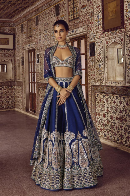 Premium Heavy Slub Nevy Silk Lehenga Embellished With Beautiful Thread  Embroidery Work