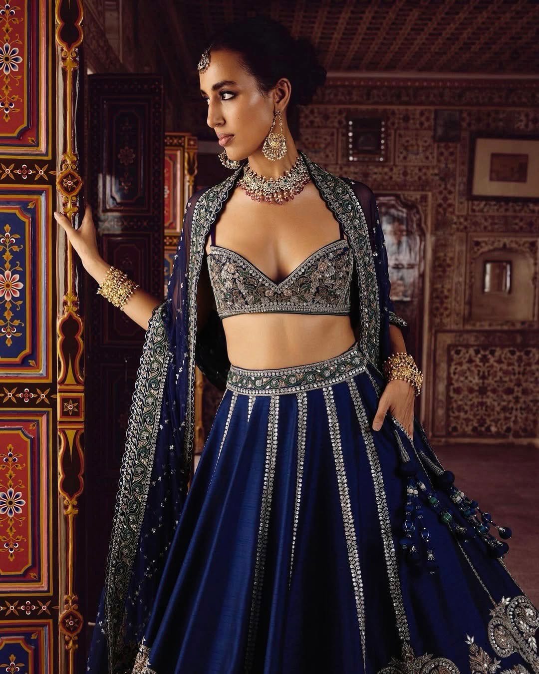 Premium Heavy Slub Nevy Silk Lehenga Embellished With Beautiful Thread  Embroidery Work