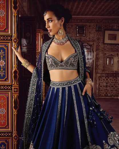 Premium Heavy Slub Nevy Silk Lehenga Embellished With Beautiful Thread  Embroidery Work