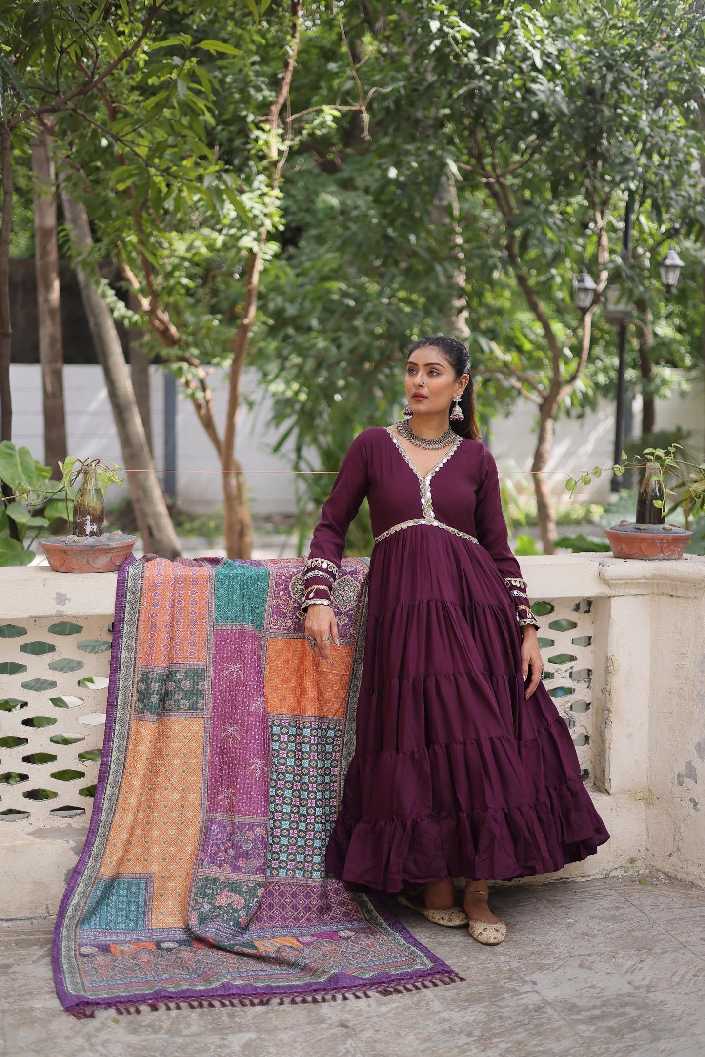 Royal Purple Gown With Artistic Printed Dupatta