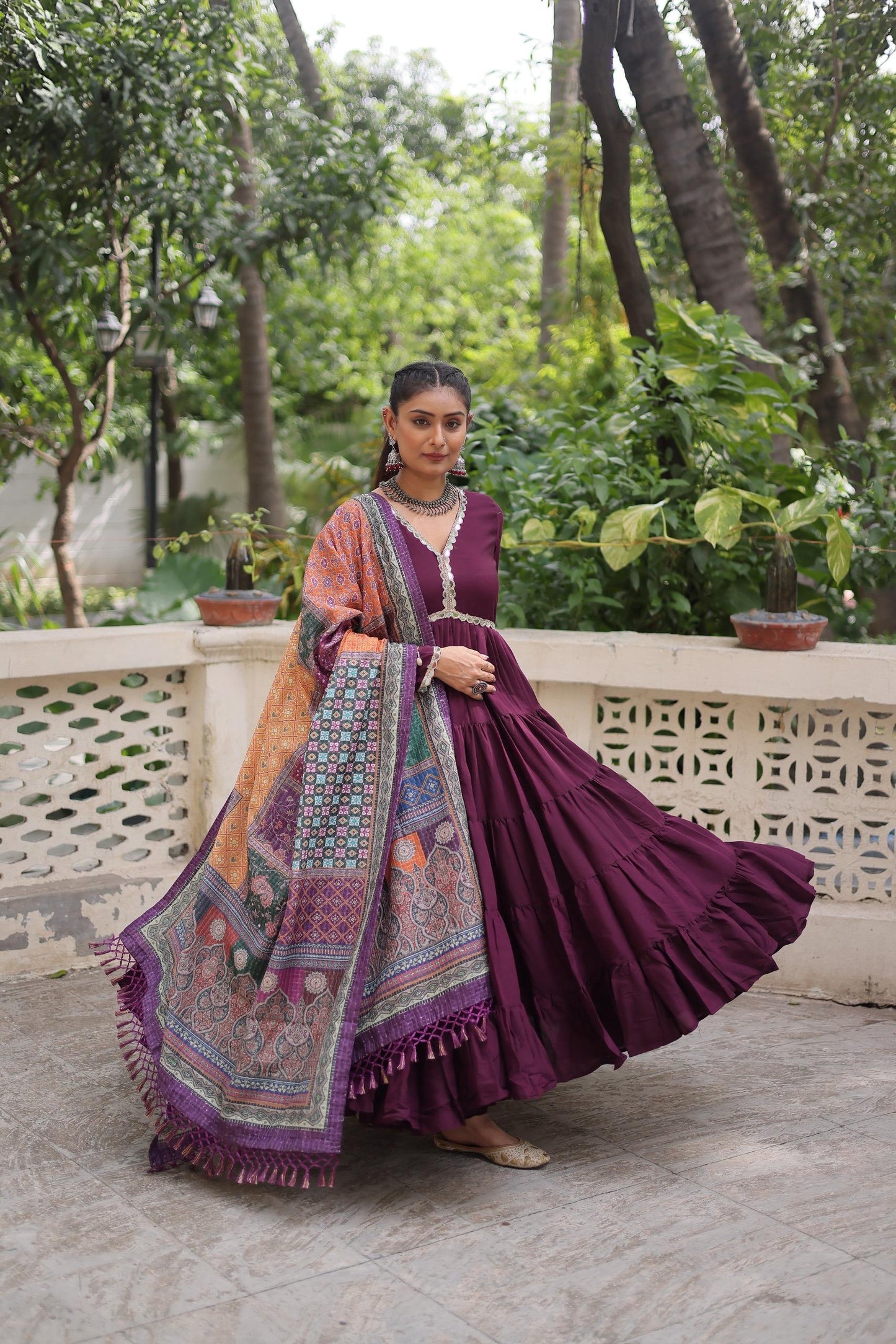 Royal Purple Gown With Artistic Printed Dupatta