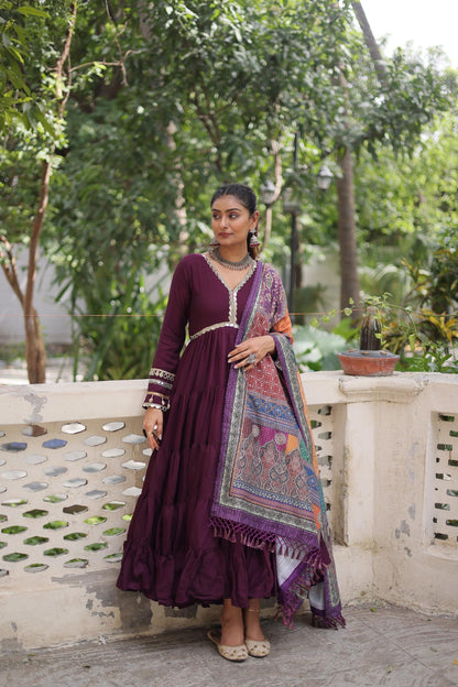Royal Purple Gown With Artistic Printed Dupatta