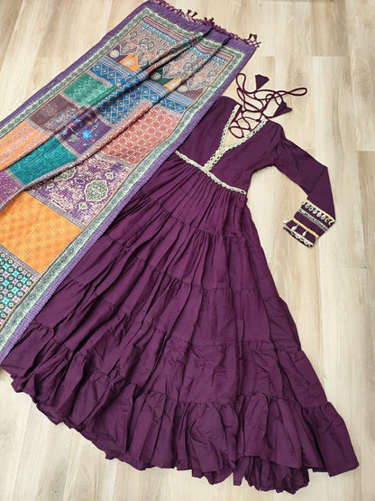 Royal Purple Gown With Artistic Printed Dupatta
