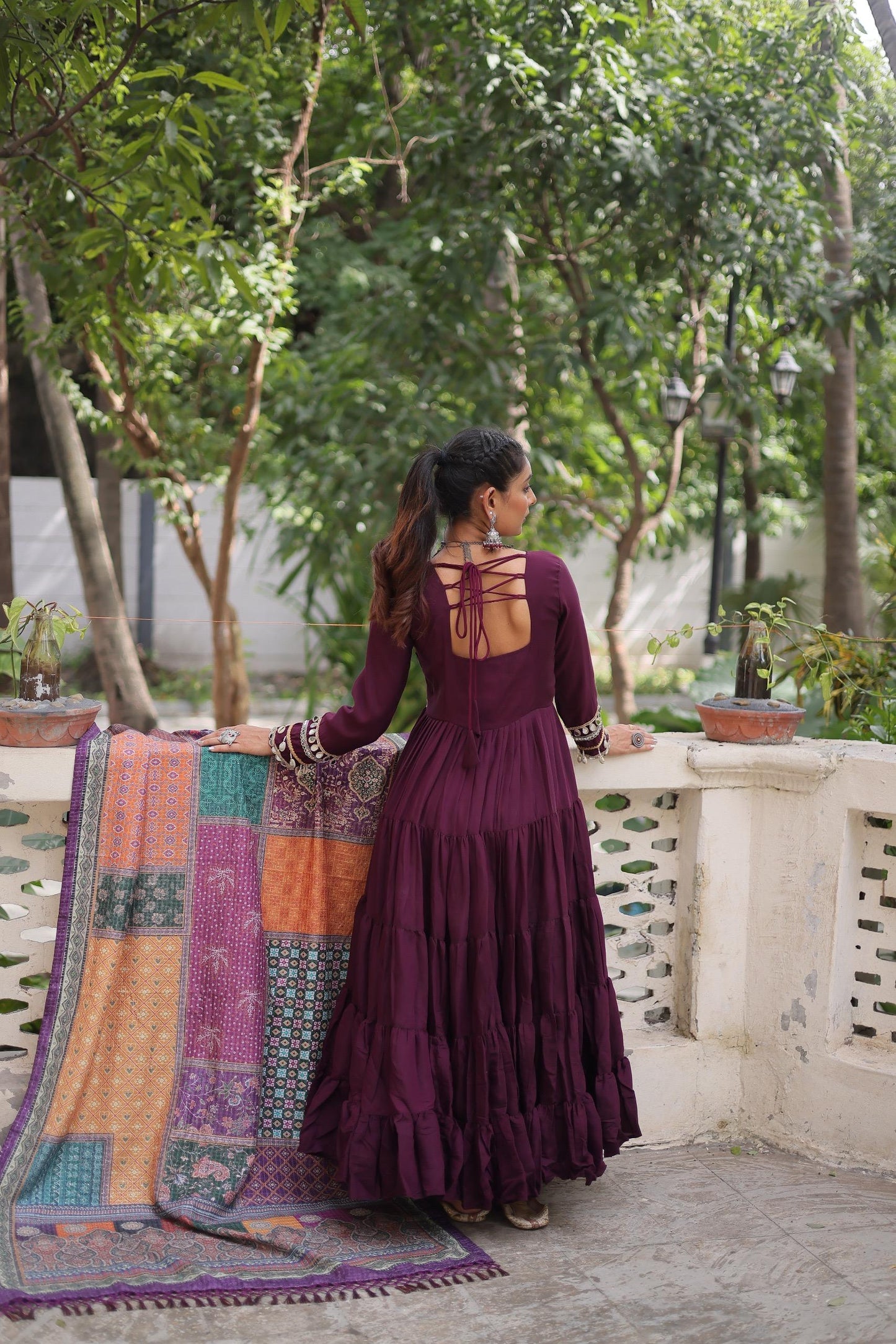 Royal Purple Gown With Artistic Printed Dupatta