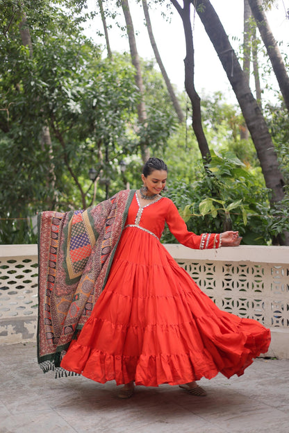 Vibrant Orange Gown With Designer Printed Dupatta