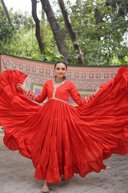 Vibrant Orange Gown With Designer Printed Dupatta