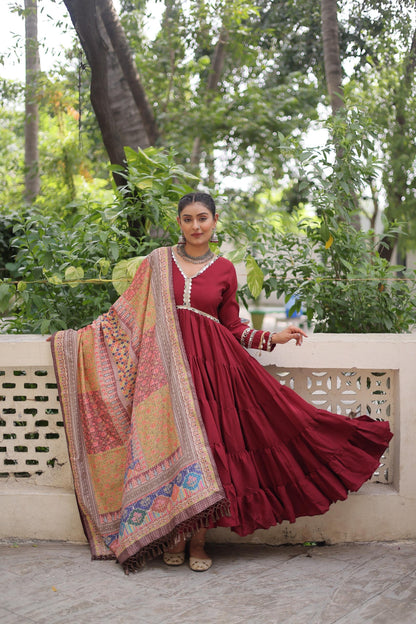 Festive-Ready Maroon Gown With Rich Multi-Print Dupatta