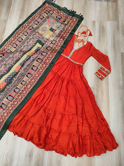 Vibrant Orange Gown With Designer Printed Dupatta